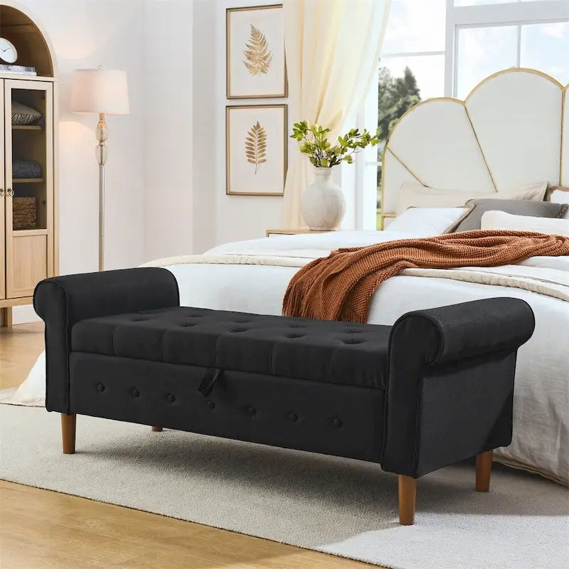 Banc de rangement capitonné à boutons pour chambre, 62, ottoman rembourré en lin