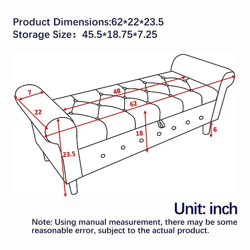 Banc de rangement capitonné à boutons pour chambre, 62, ottoman rembourré en lin