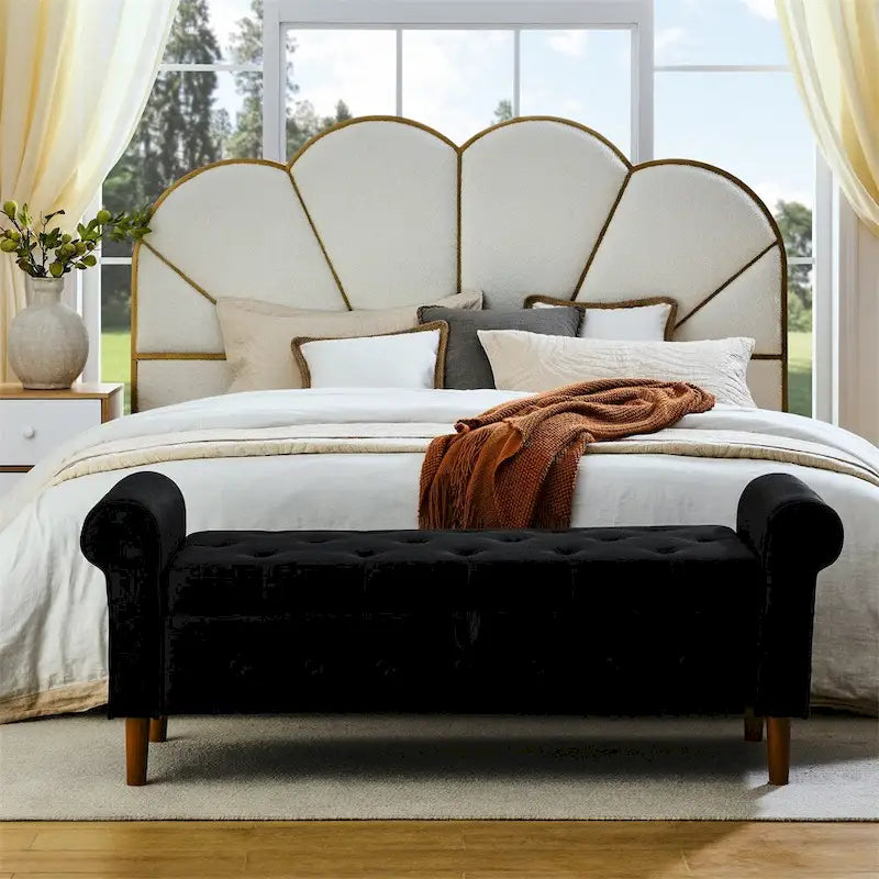 Banc de rangement capitonné à boutons pour chambre, 62, ottoman rembourré en lin