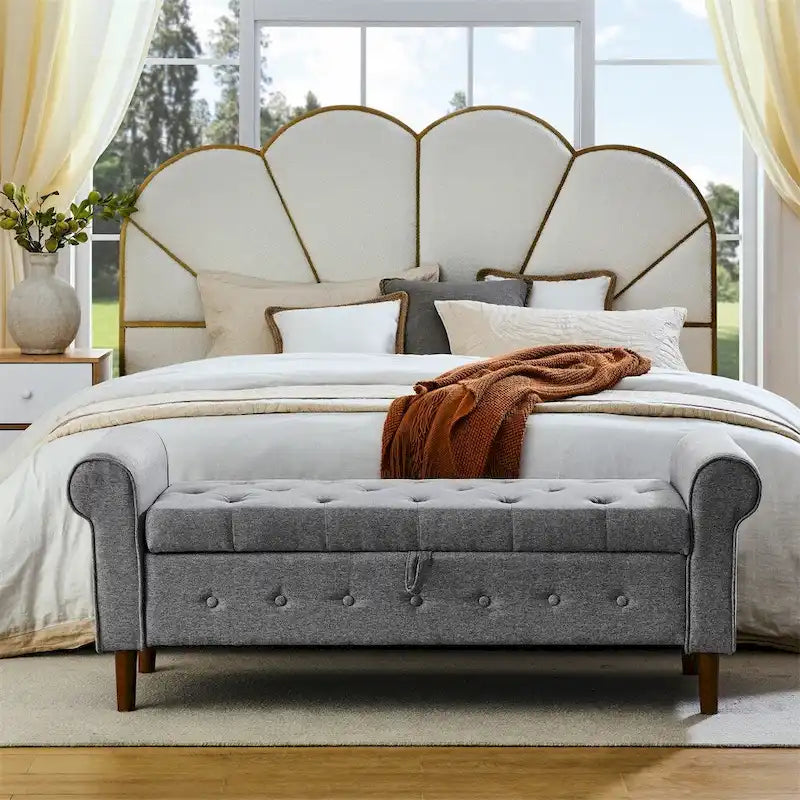 Banc de rangement capitonné à boutons pour chambre, 62, ottoman rembourré en lin