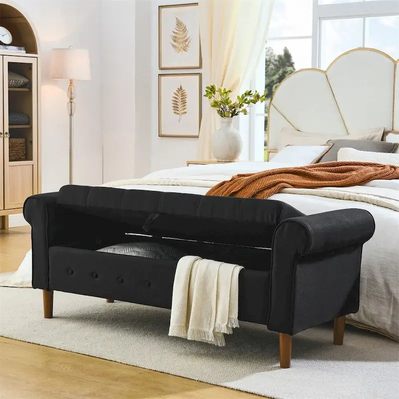 Banc de rangement capitonné à boutons pour chambre, 62, ottoman rembourré en lin