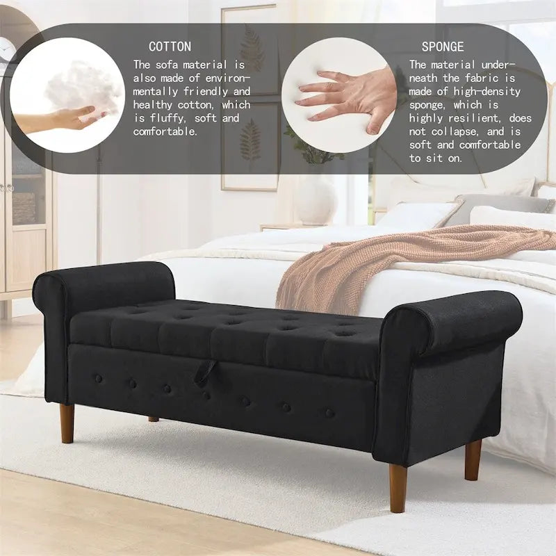 Banc de rangement capitonné à boutons pour chambre, 62, ottoman rembourré en lin