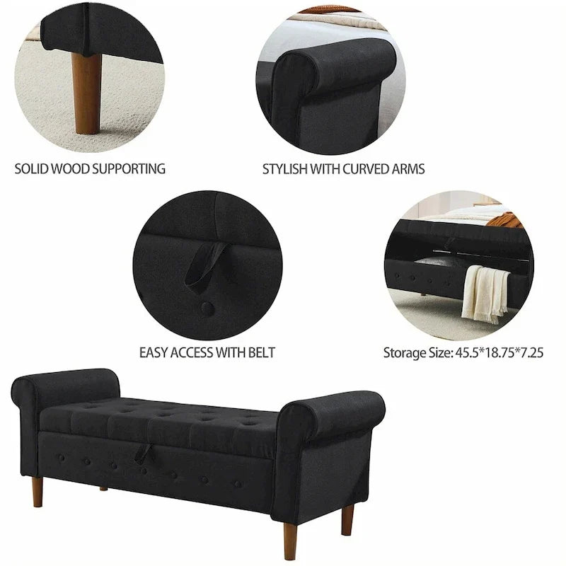 Banc de rangement capitonné à boutons pour chambre, 62, ottoman rembourré en lin