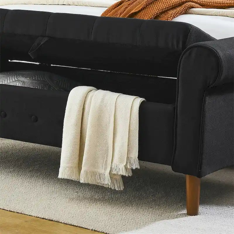 Banc de rangement capitonné à boutons pour chambre, 62, ottoman rembourré en lin