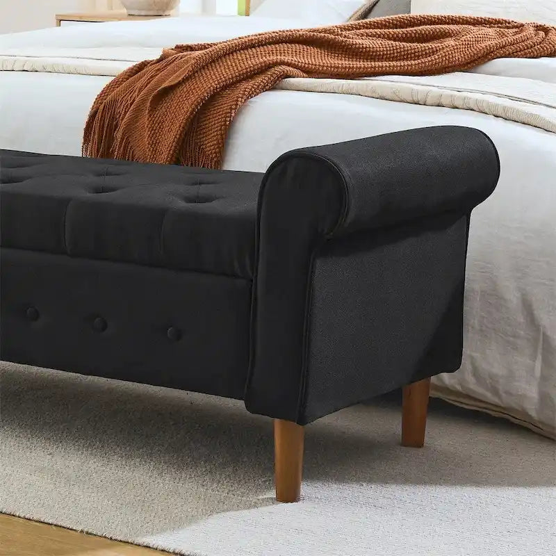 Banc de rangement capitonné à boutons pour chambre, 62, ottoman rembourré en lin