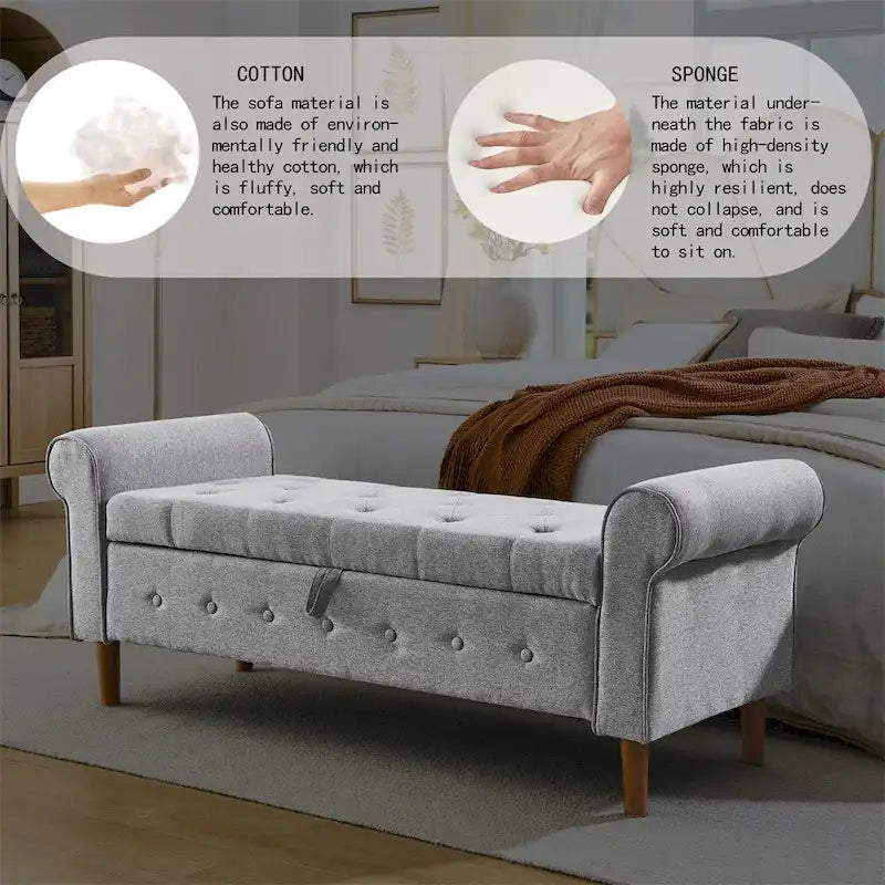 Banc de rangement capitonné à boutons pour chambre, 62, ottoman rembourré en lin