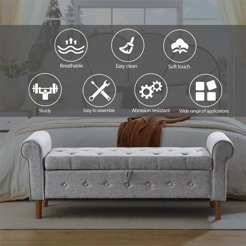 Banc de rangement capitonné à boutons pour chambre, 62, ottoman rembourré en lin