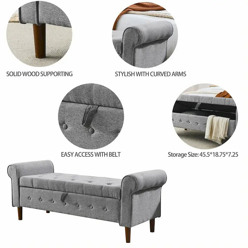 Banc de rangement capitonné à boutons pour chambre, 62, ottoman rembourré en lin