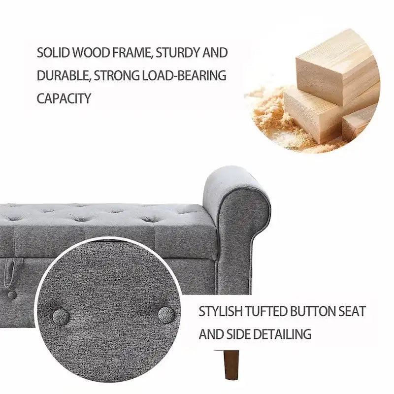 Banc de rangement capitonné à boutons pour chambre, 62, ottoman rembourré en lin