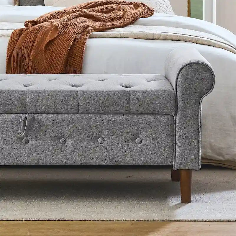 Banc de rangement capitonné à boutons pour chambre, 62, ottoman rembourré en lin