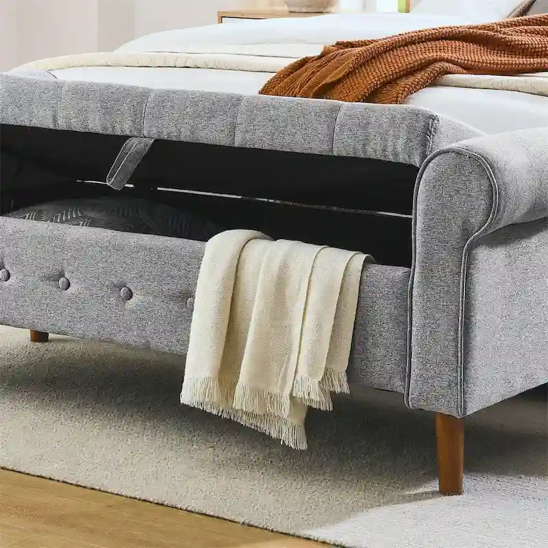 Banc de rangement capitonné à boutons pour chambre, 62, ottoman rembourré en lin