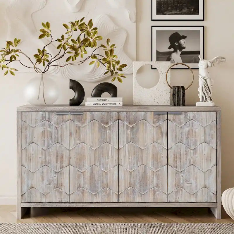 Akzentschrank im Landhausstil, Sideboard und Buffet aus Holz mit 4 Türen, Aufbewahrungsschrank für das Wohnzimmer