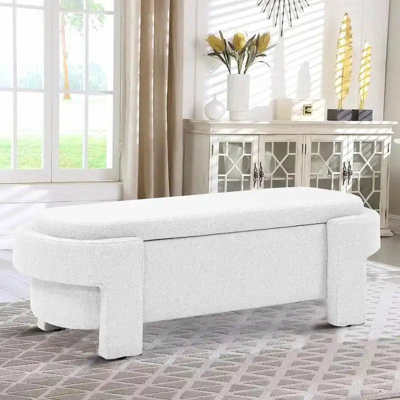 Banc de rangement minimaliste français recouvert de tissu avec quatre pieds rembourrés