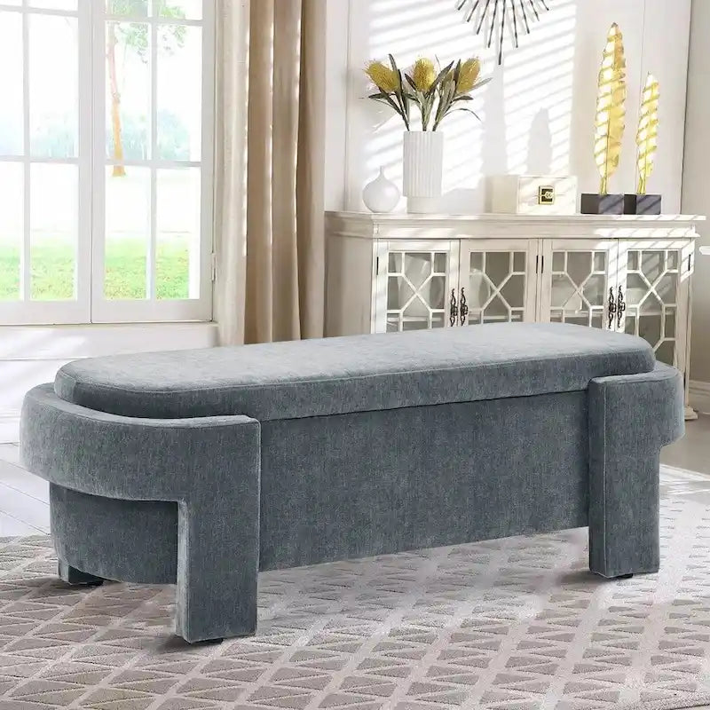 Banc de rangement minimaliste français recouvert de tissu avec quatre pieds rembourrés