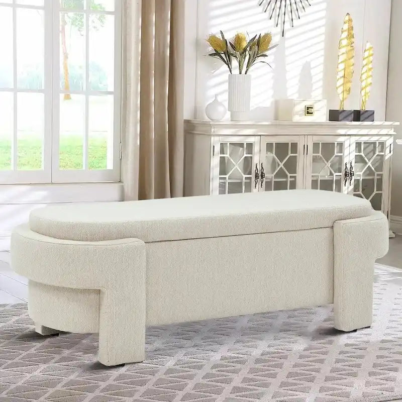 Banc de rangement minimaliste français recouvert de tissu avec quatre pieds rembourrés