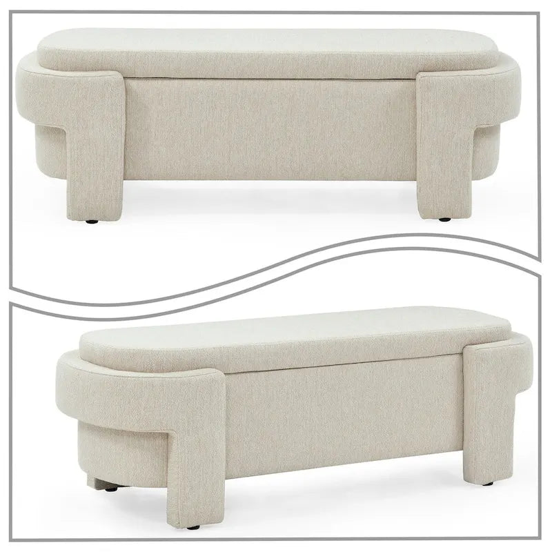 Banc de rangement minimaliste français recouvert de tissu avec quatre pieds rembourrés