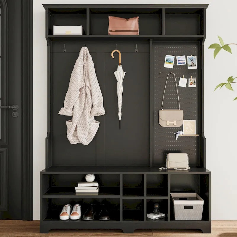 Meuble d’entrée avec banc à chaussures, porte-manteaux, rangement à chaussures, étagères et panneau perforé, pour les couloirs, les halls et les chambres, noir
