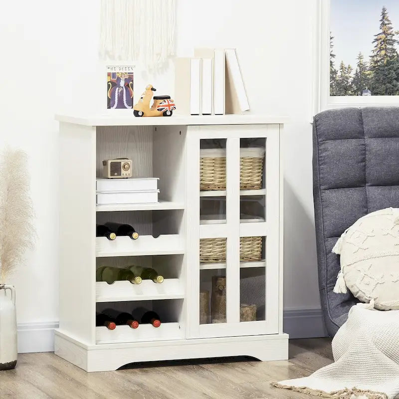 Buffet moderne, meuble de cuisine avec range-bouteilles, porte vitrée coulissante et étagères de rangement pour le salon