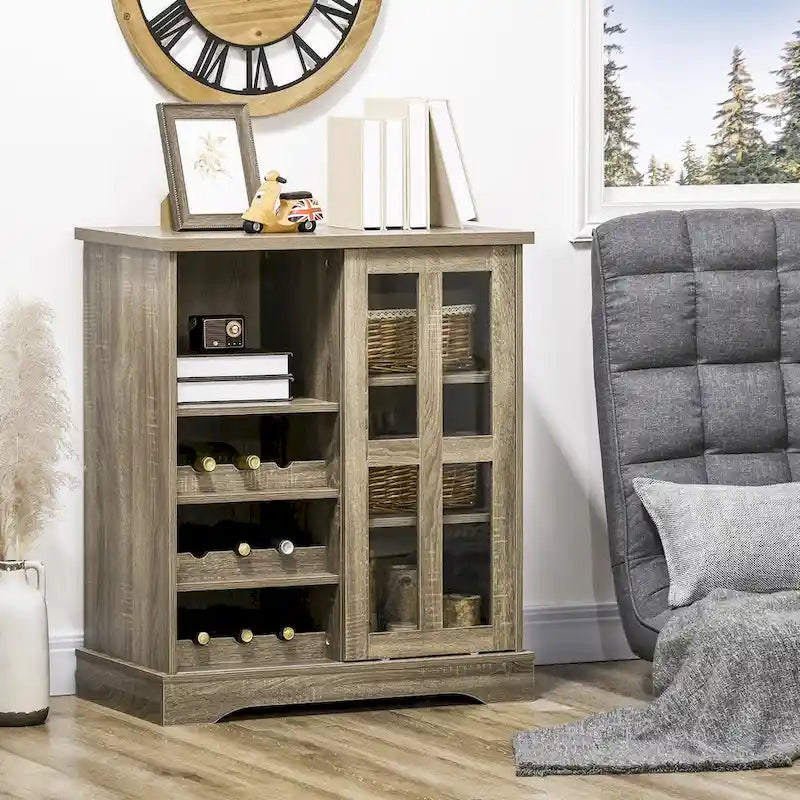 Buffet moderne, meuble de cuisine avec range-bouteilles, porte vitrée coulissante et étagères de rangement pour le salon