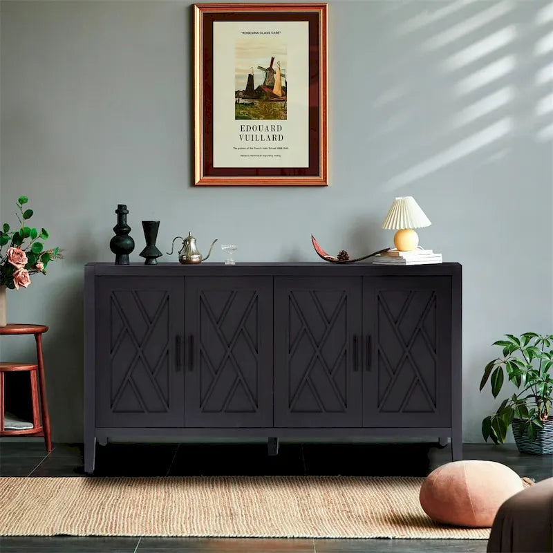 Buffet en bois à 4 portes, motif à chevrons, style campagne américaine vintage pour le salon