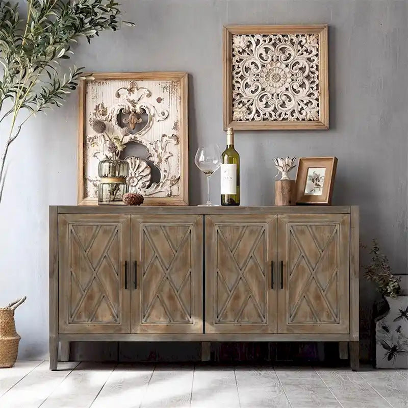 Buffet en bois à 4 portes, motif à chevrons, style campagne américaine vintage pour le salon