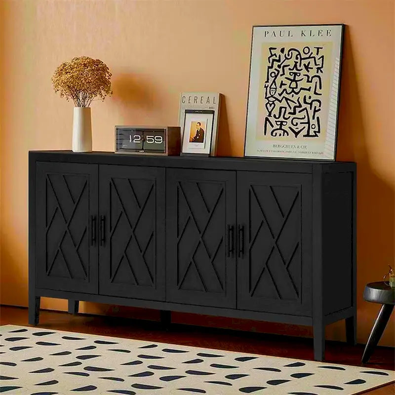 Buffet en bois à 4 portes, motif à chevrons, style campagne américaine vintage pour le salon