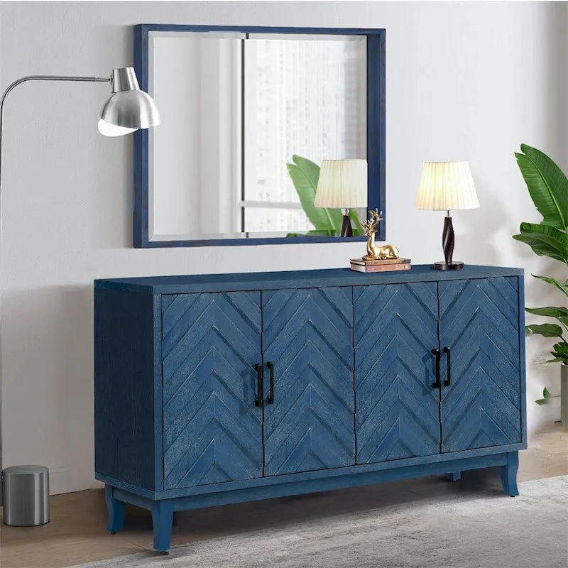Buffet en bois à 4 portes, motif à chevrons, style campagne américaine vintage pour le salon