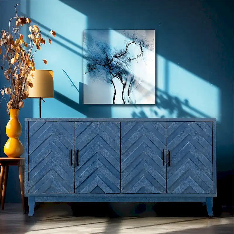 Buffet en bois à 4 portes, motif à chevrons, style campagne américaine vintage pour le salon