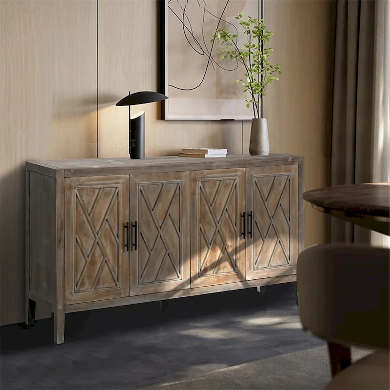 Buffet en bois à 4 portes, motif à chevrons, style campagne américaine vintage pour le salon
