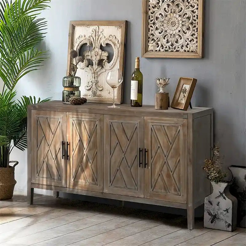 Buffet en bois à 4 portes, motif à chevrons, style campagne américaine vintage pour le salon