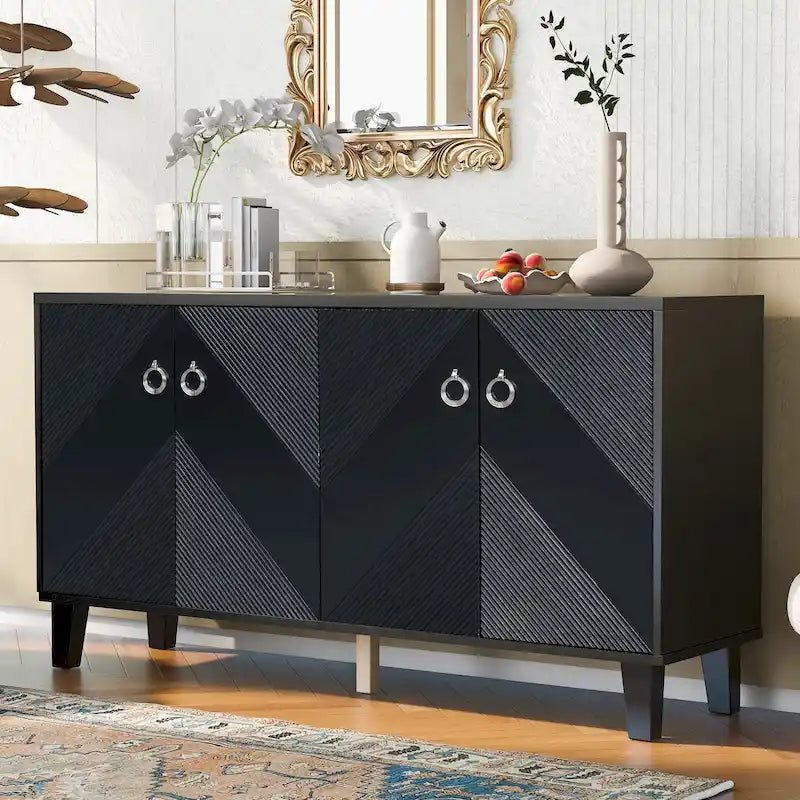Buffet noir à texture géométrique et 4 portes, meuble de rangement moderne pour le salon