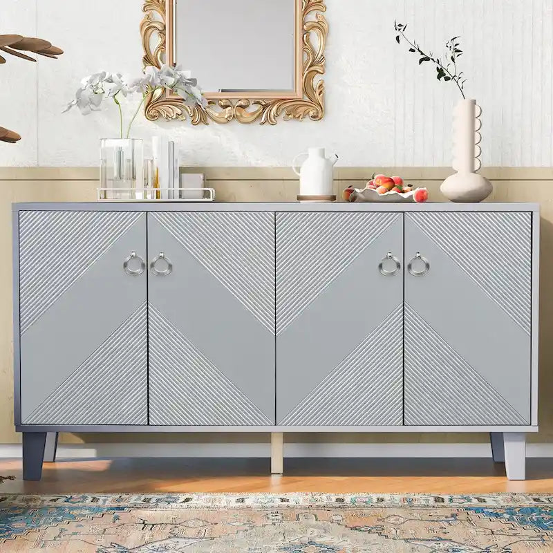Buffet noir à texture géométrique et 4 portes, meuble de rangement moderne pour le salon