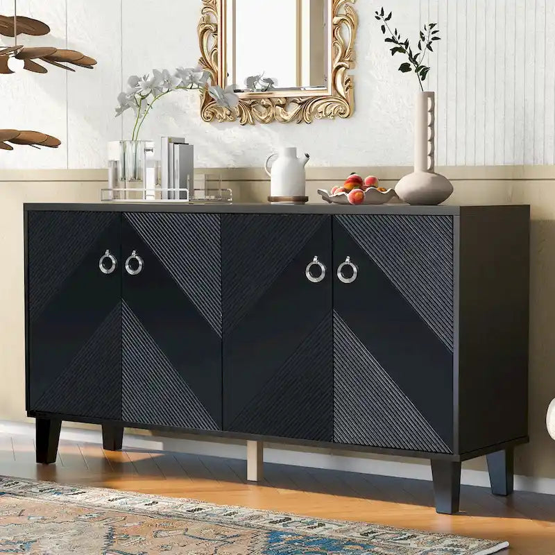 Buffet noir à texture géométrique et 4 portes, meuble de rangement moderne pour le salon