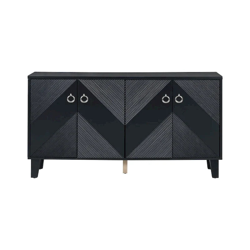 Buffet noir à texture géométrique et 4 portes, meuble de rangement moderne pour le salon