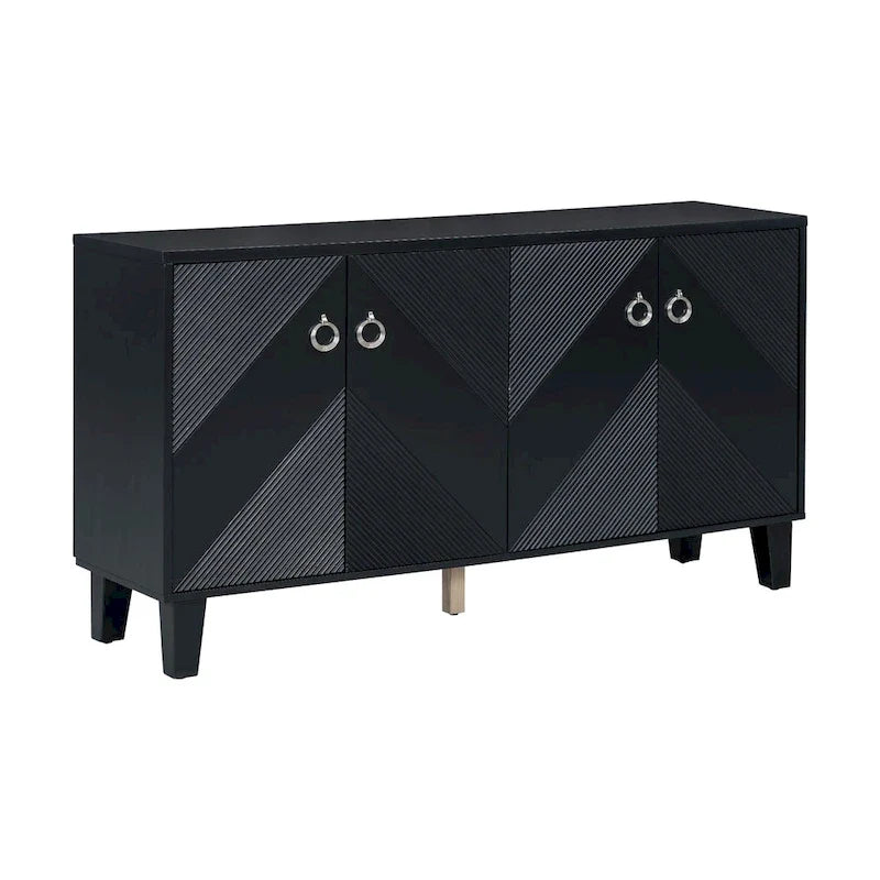 Schwarzes Buffet-Sideboard mit geometrischer Struktur und 4 Türen, modernes Aufbewahrungsmöbel für das Wohnzimmer