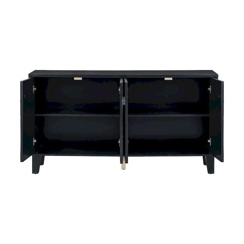 Schwarzes Buffet-Sideboard mit geometrischer Struktur und 4 Türen, modernes Aufbewahrungsmöbel für das Wohnzimmer