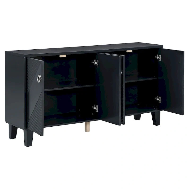 Schwarzes Buffet-Sideboard mit geometrischer Struktur und 4 Türen, modernes Aufbewahrungsmöbel für das Wohnzimmer