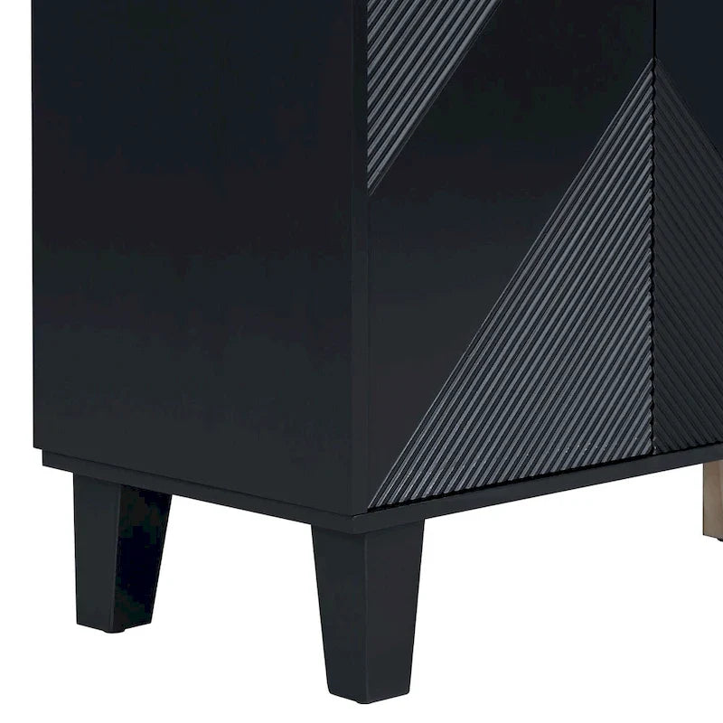 Schwarzes Buffet-Sideboard mit geometrischer Struktur und 4 Türen, modernes Aufbewahrungsmöbel für das Wohnzimmer