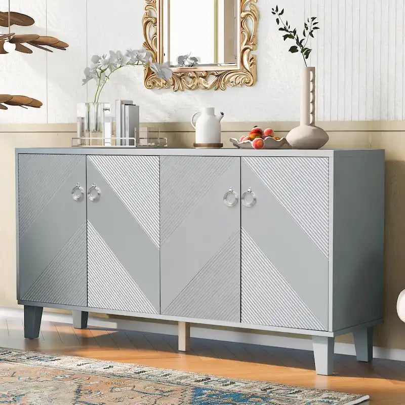 Schwarzes Buffet-Sideboard mit geometrischer Struktur und 4 Türen, modernes Aufbewahrungsmöbel für das Wohnzimmer