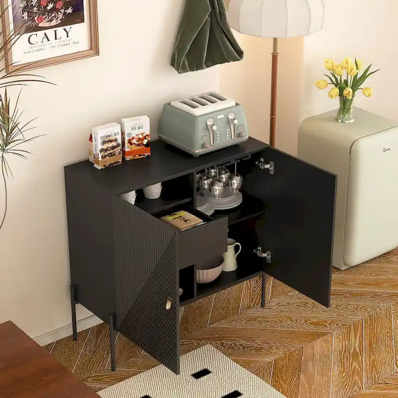 Buffet et meuble bar à café pour la maison, avec tiroirs, 2 placards et casier à vin pour 6 bouteilles, pour le salon (noir)