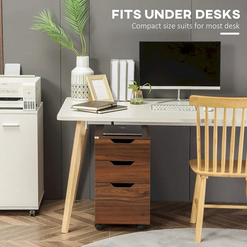 Meuble de rangement de bureau à 3 tiroirs, caisson à roulettes sous le bureau pour chambre ou salon, grain de bois brun