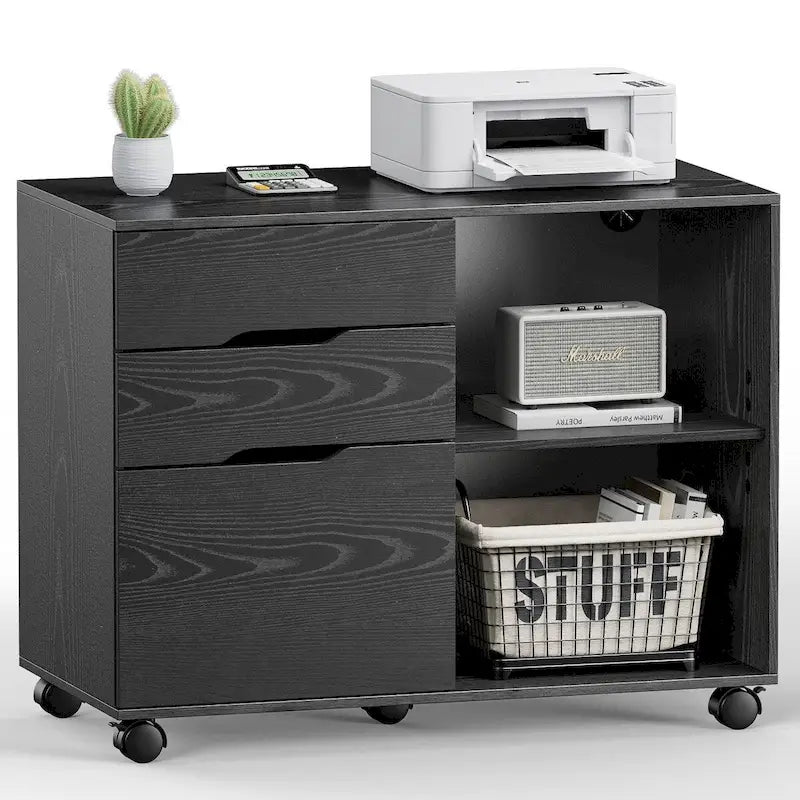 Mobile Lateral File Cabinet & Printer Stand with 3 Drawers and 2 Open Shelves