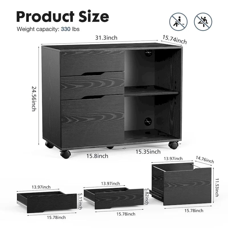 Mobile Lateral File Cabinet & Printer Stand with 3 Drawers and 2 Open Shelves