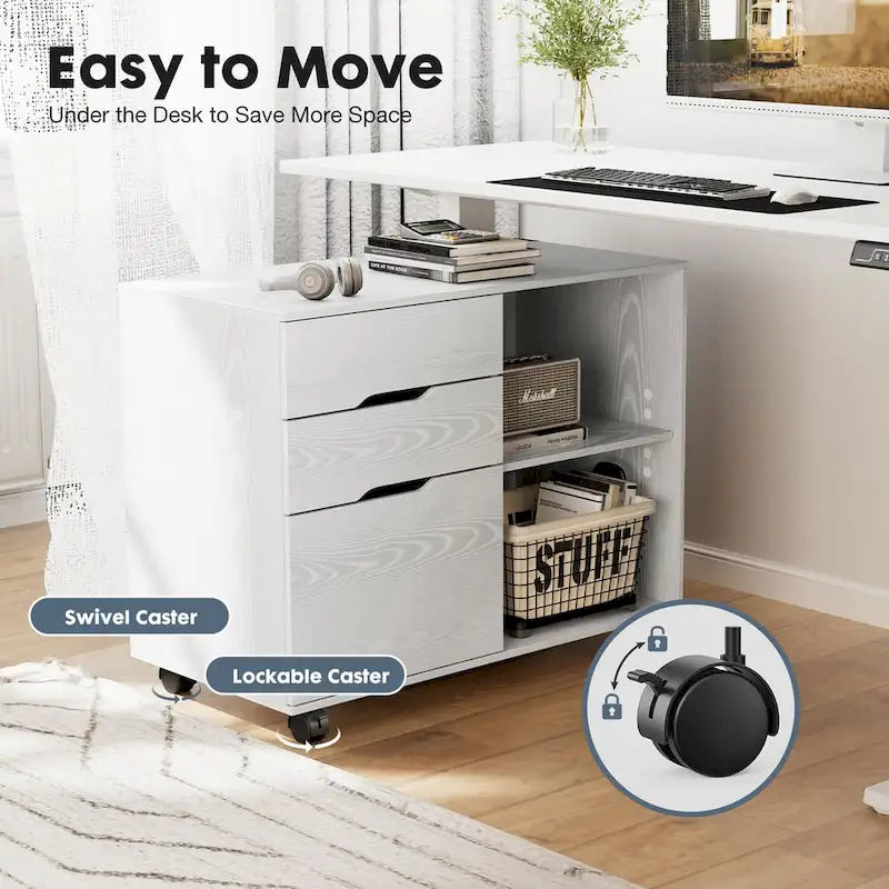 Mobile Lateral File Cabinet & Printer Stand with 3 Drawers and 2 Open Shelves