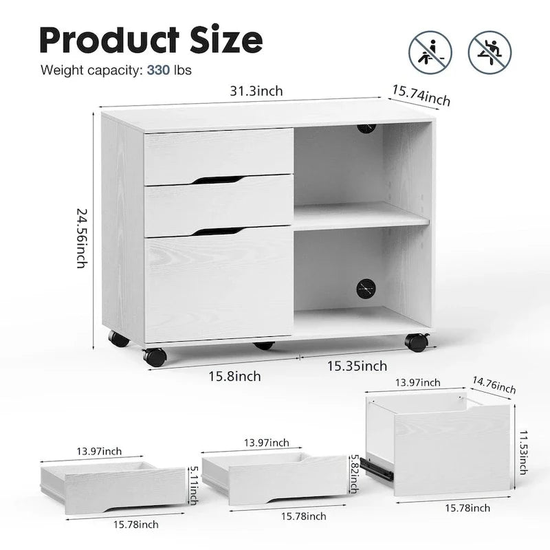 Mobile Lateral File Cabinet & Printer Stand with 3 Drawers and 2 Open Shelves