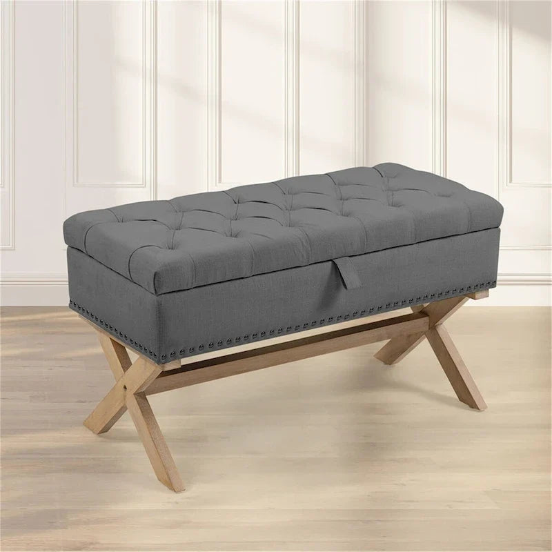 Banc de rangement en lin à 35 boutons capitonnés