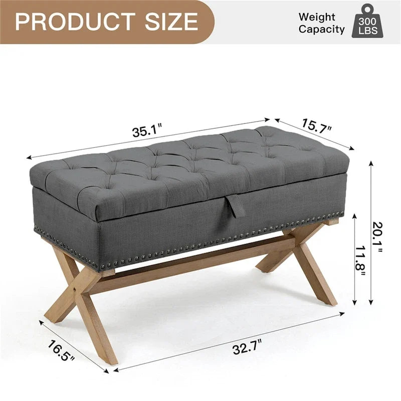 Banc de rangement en lin à 35 boutons capitonnés