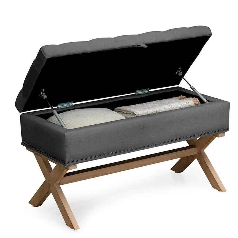 Banc de rangement en lin à 35 boutons capitonnés