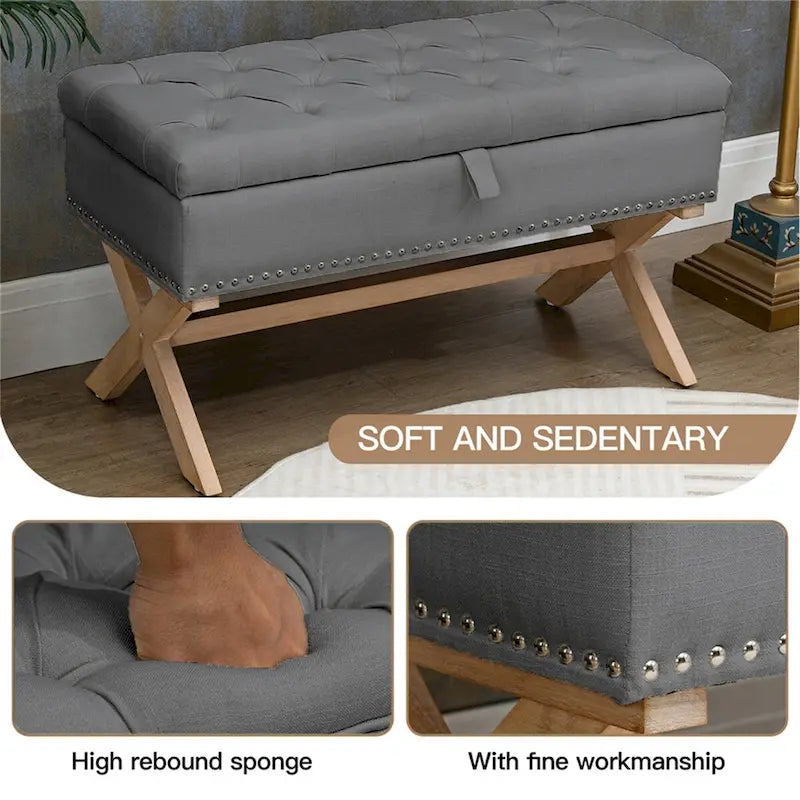 Banc de rangement en lin à 35 boutons capitonnés