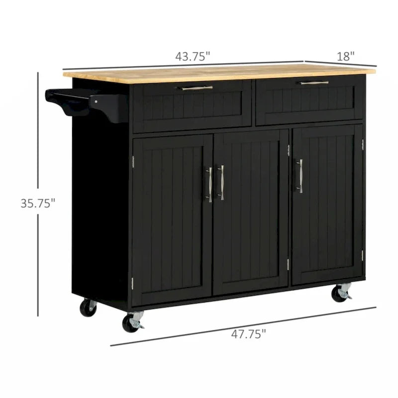 Desserte de cuisine avec plateau en bois, tiroirs de rangement, placards à 3 portes, étagères réglables et porte-serviettes, noir